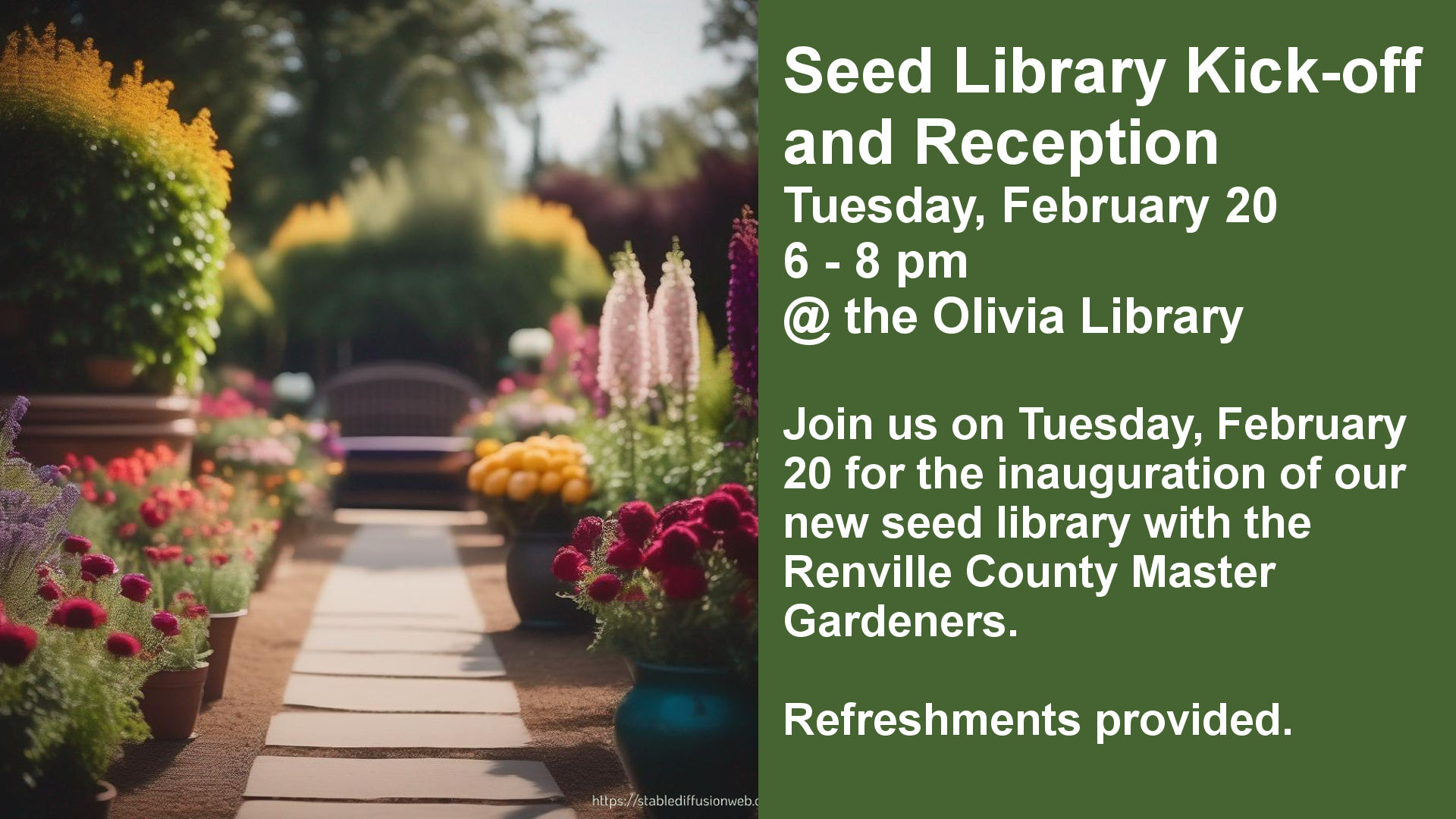 Seed Library Kick-off and Reception
Tuesday, February 20
6 - 8 pm
@ the Olivia Library

Join us on Tuesday, February 20 for the inauguration of our new seed library with the Renville County Master Gardeners.

Refreshments provided.
