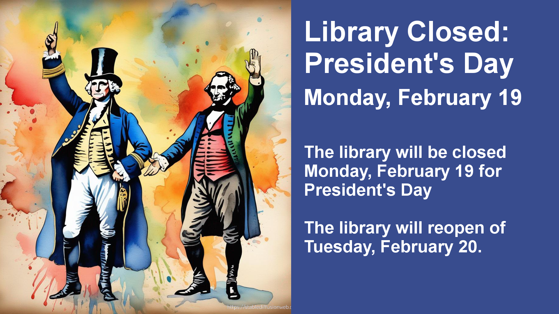 Library Closed:
President's Day

Monday, February 19



The library will be closed Monday, February 19 for President's Day

The library will reopen of Tuesday, February 20.